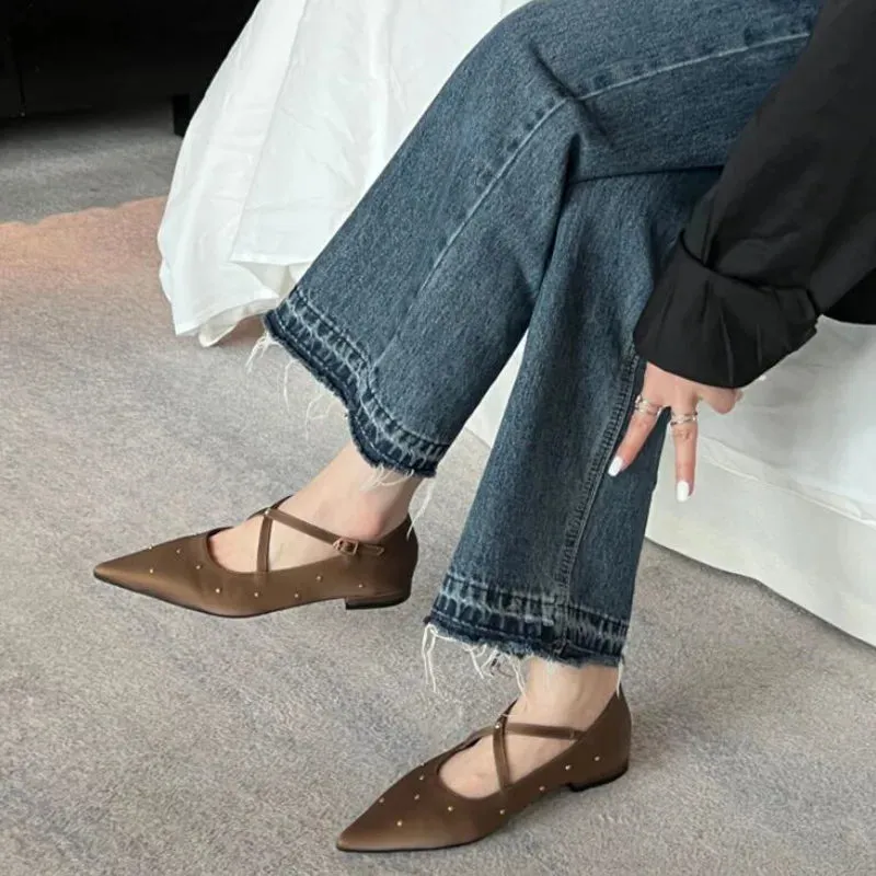 Advbridge  -  New Women Rivet Cross Flat Shoes Fashion Pointed Toe Shallow Ladies Elegant Dress Shoes Falt Heel Casual Ballet Shoes