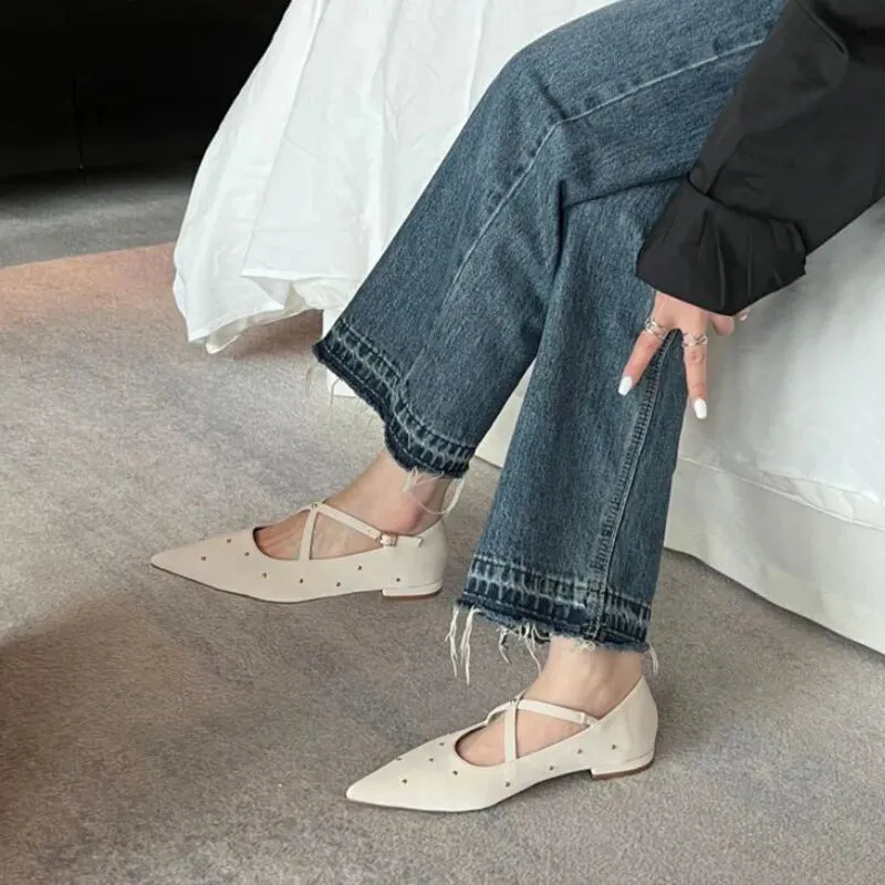 Advbridge  -  New Women Rivet Cross Flat Shoes Fashion Pointed Toe Shallow Ladies Elegant Dress Shoes Falt Heel Casual Ballet Shoes