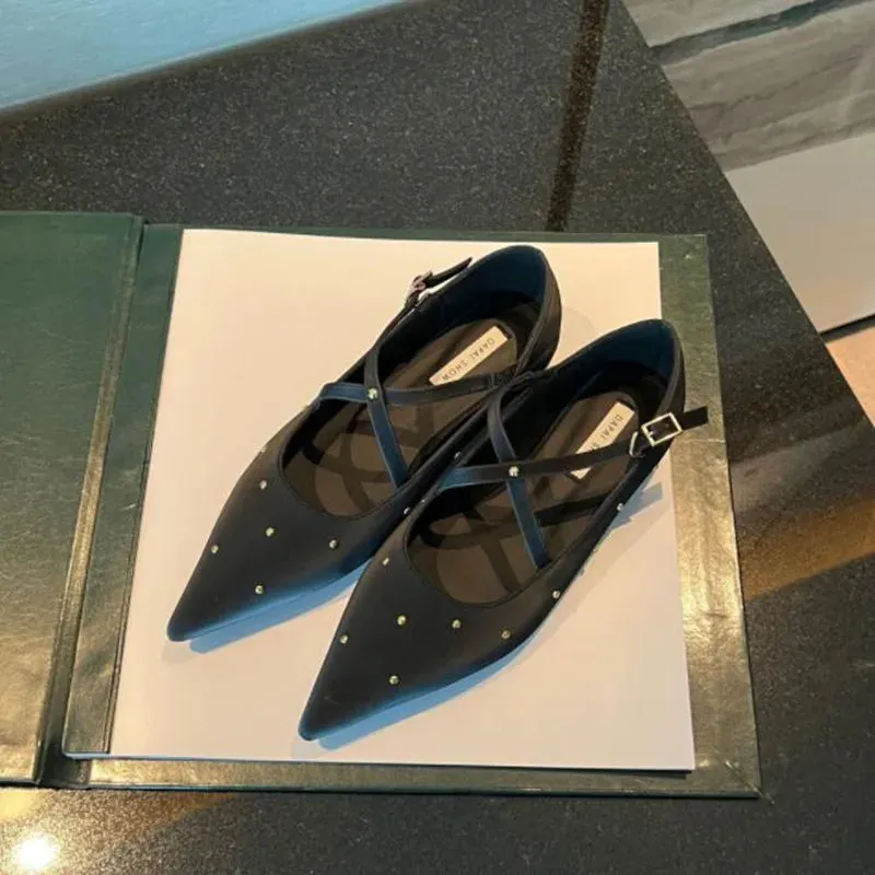 Advbridge  -  New Women Rivet Cross Flat Shoes Fashion Pointed Toe Shallow Ladies Elegant Dress Shoes Falt Heel Casual Ballet Shoes