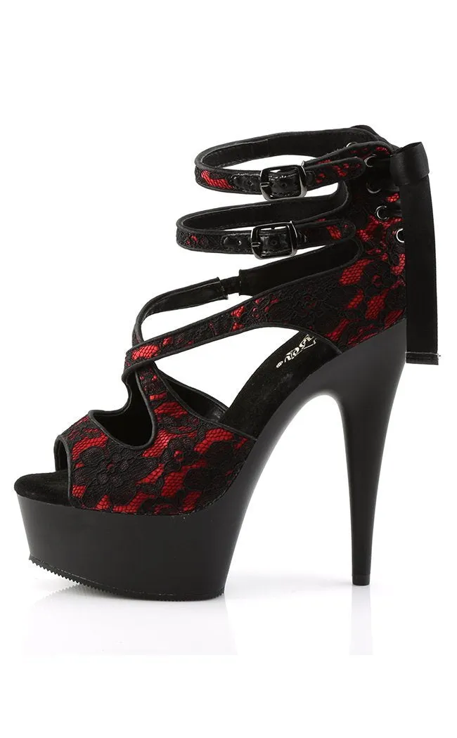 DELIGHT-678LC Red Satin & Black Lace Heels