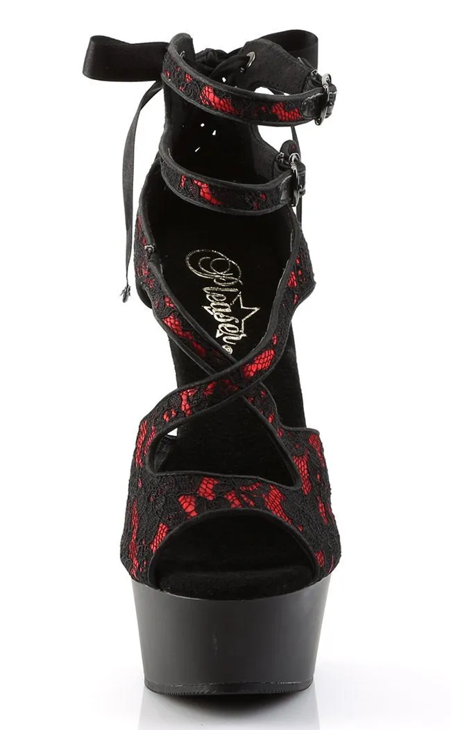 DELIGHT-678LC Red Satin & Black Lace Heels