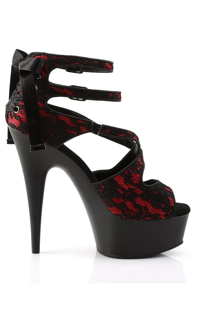 DELIGHT-678LC Red Satin & Black Lace Heels