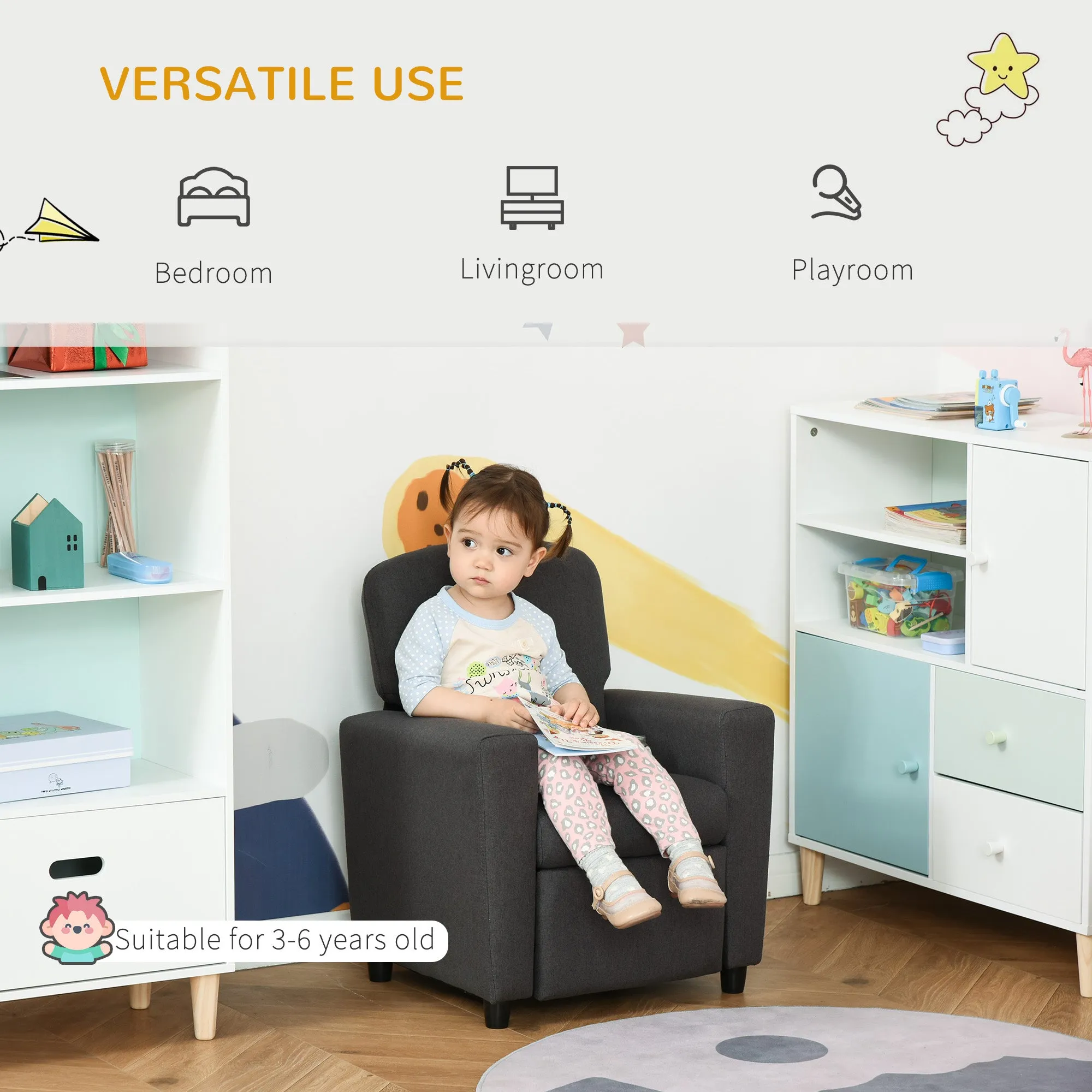 Kids Sofa with Footrest Linen Recliner Armchair Playroom Bedroom Grey