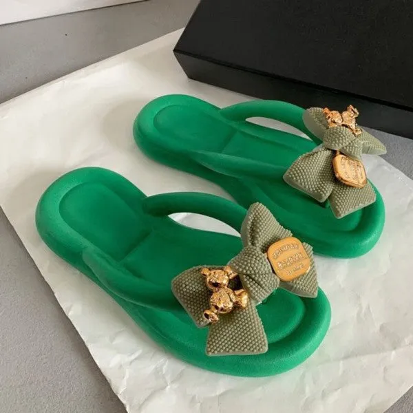 sealbeer - Green Casual Living Patchwork With Bow Round Comfortable Shoes